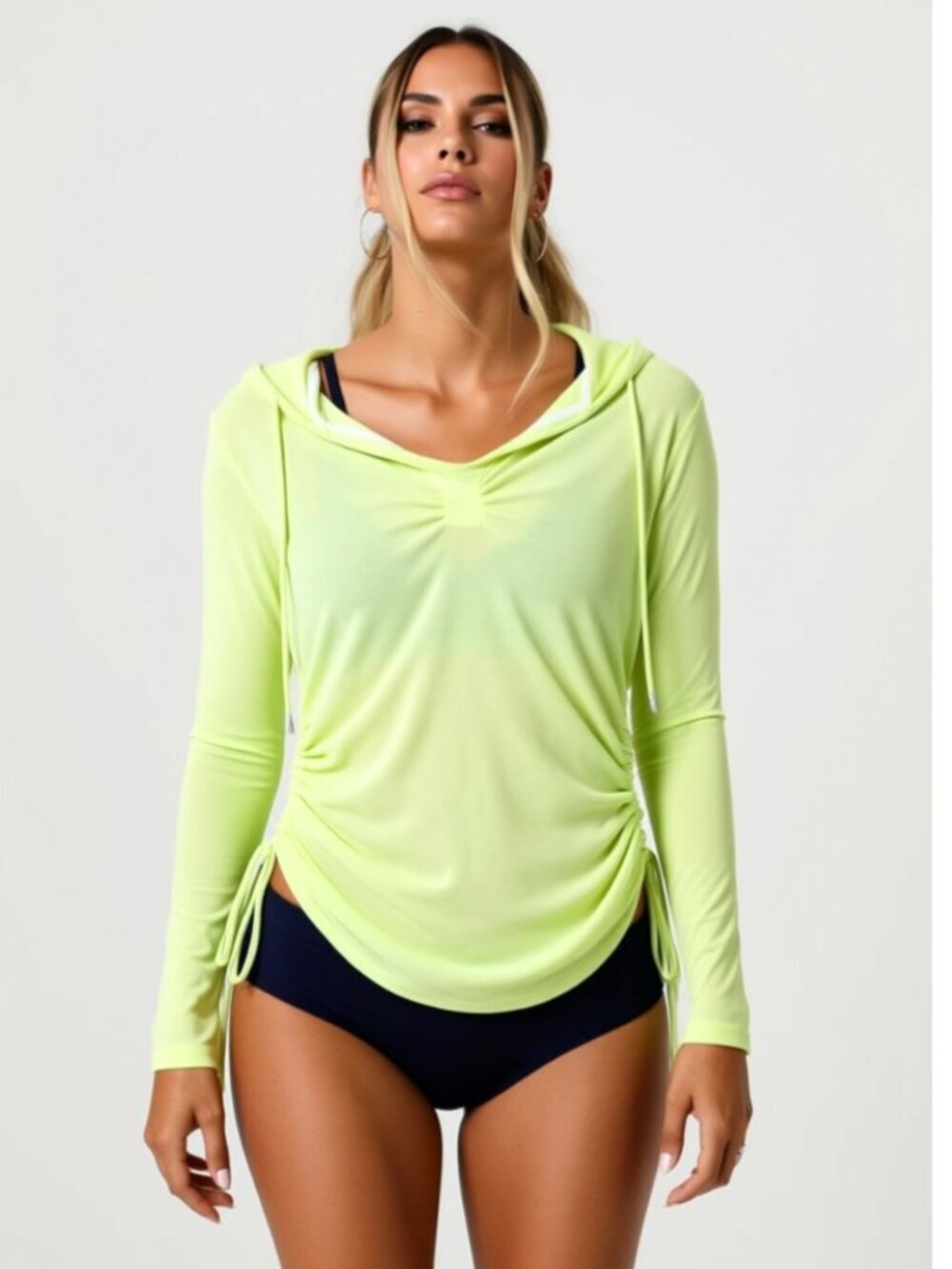 Avia lightweight lime green fluorescent yellow hoodie gathered sides (A69)